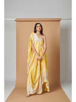 Vedika M - Yellow Printed Drape Dress with Belt (Set of 2)