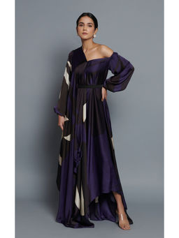 Vedika M - Blue Printed Drape Dress with Belt (Set of 2)