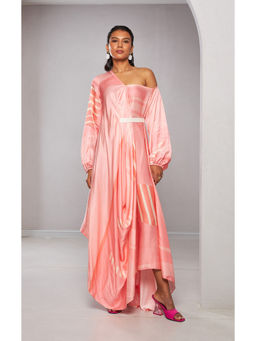 Vedika M - Pink Printed Asymmetric Style Drape Dress with Belt (Set of 2)