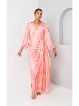 Vedika M - Pink Printed Draped Skirt Style Dress