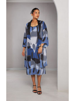 Vedika M - Micro Pleated Blue Printed Dress with Jacket (Set of 2)