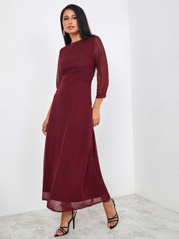 Styli - Burgundy 3/4 Sleeves Dobby Spot A-line Maxi Dress