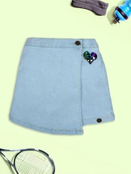 KiddoPanti - Girls Denim Over Lap Shorts with Sequin Heart Applique