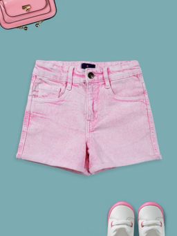 KiddoPanti - Girls Pink Denim Woven Solid Roll Up Shorts