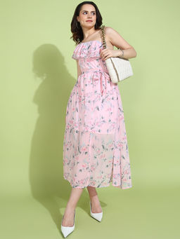 Dodo & Moa - Women Pink Floral Printed Maxi Dress with Belt (Set of 2)