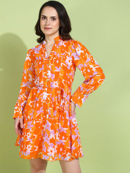 Dodo & Moa - Women Orange Floral Printed Mini Dress with Belt (Set of 2)
