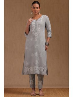 Soch - Womens Grey Cotton Embroidered Kurta With Thread Work