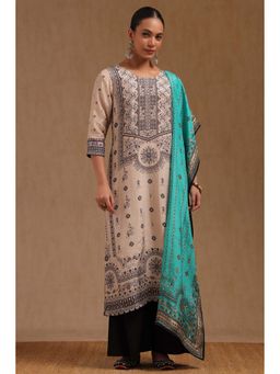 Soch - Womens Beige Muslin Floral Print With Beads And Stones