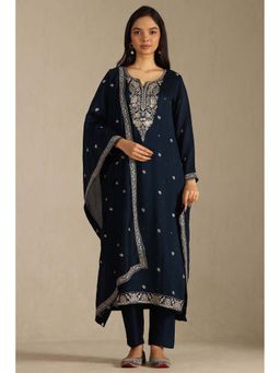 Soch - Womens Navy Blue Vichitra Embroidered With Zari
