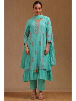 Soch - Womens Turquoise Blue Cotton Embroidered