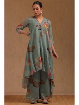 Soch - Womens Powder Green Chiffon Botanical Print Co-Ord With Tassels