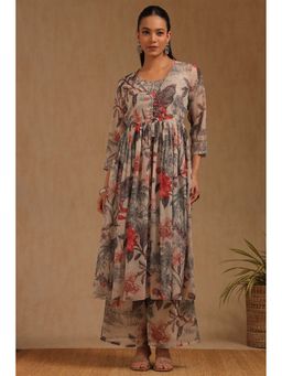 Soch - Womens Multi-Color Chiffon Botanical Print Anarkali Kurta With Beads