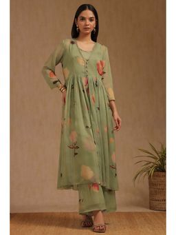 Soch - Womens Sap Green Chiffon Floral Print Kurta With Beads