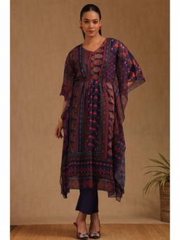 Soch - Womens Blue Chiffon Ethnic Motifs Kaftan Suit With Cutdana