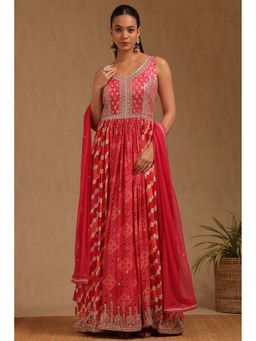 Soch - Womens Pink Chinon Bandhani Print Anarkali Kurta With Zari