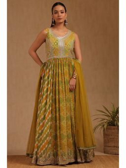 Soch - Womens Green Chinon Bandhani Print Anarkali Kurta With Zari