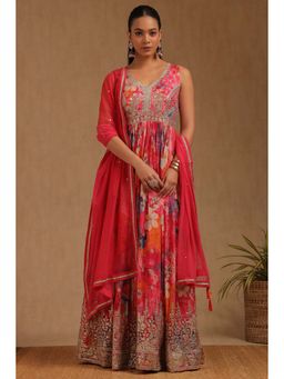 Soch - Womens Pink Chinon Botanical Print Anarkali Kurta With Zari