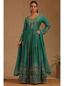 Soch - Womens Green Chinon Bandhani Print Anarkali Kurta With Stone Work