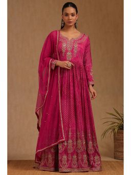 Soch - Womens Pink Chinon Bandhani Print Anarkali Kurta With Stone Work