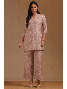 Soch - Womens Purple Muslin Floral Print Co-Ord With Thread Work