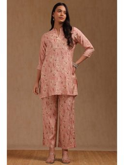 Soch - Womens Peach Muslin Floral Print Co-Ord With Thread Work