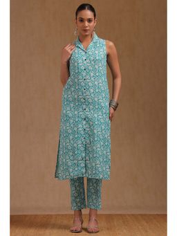 Soch - Womens Turquoise Blue Linen Floral Print Co-Ord