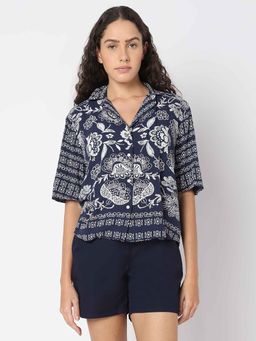 VERO MODA - Navy Blue Printed Viscose Casual Shirt