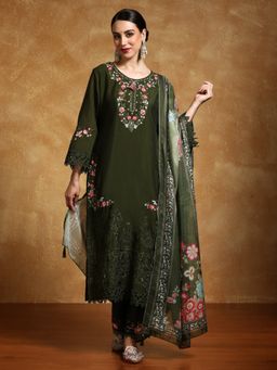 Varanga - Green Floral Heavy Thread Embroidered Kurta with Pant and Dupatta (Set of 3)