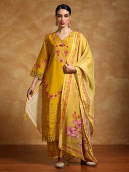 Varanga - Mustard Floral Heavy Thread Embroidered Kurta with Pant and Dupatta (Set of 3)