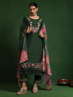 Varanga - Green Floral Heavy Thread Embroidered Kurta with Pant and Dupatta (Set of 3)