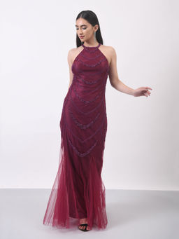 Attic Salt - Halter Neck Embellished Wine Dress