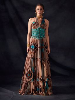 Nikita Mhaisalkar - Turquoise Tapis and Multi Colour Print Maxi