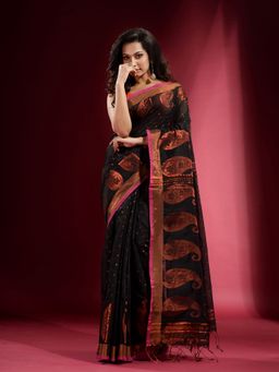 CHARUKRITI - Black with Zari Paisley Motif and Floral Design Saree with Unstitched Blouse