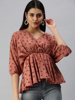 SHOWOFF - Women V-Neck Balloon Sleeves Floral Brown Top