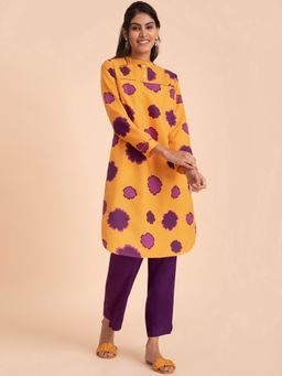 Pink Fort - Floral Straight Kurta Yellow and Purple (Set of 2)