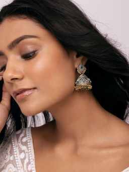 Indya - Earthen BY INDYA Dual Tone Green Petal Stone Jhumka Earrings