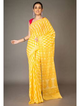 Unnati Silks - Yellow Pure Block Printed Superfine Mulmul Cotton Saree with Unstitched Blouse