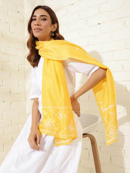 Fabindia - Yellow Cotton Silk Embroidered Stole