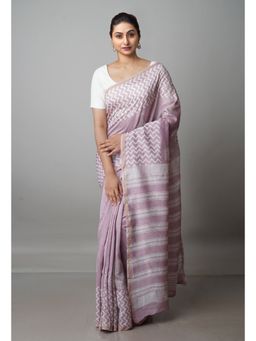Unnati Silks - Pale Pink Pure Block Printed Chanderi Sico Saree with Unstitched Blouse