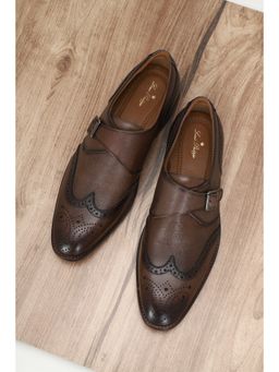 Louis Philippe - Brown Textured Monk Straps Slip Ons