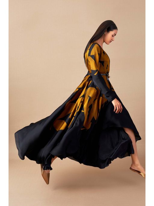Buy AMPM Black & Yellow Helen Maxi Dress with Belt (Set of 2) Online