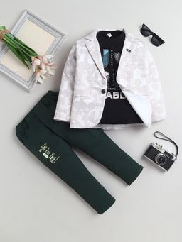 FOURFOLDS - Boys Beige Cotton Blend Printed Blazer T-Shirt and Pant