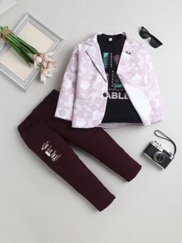 FOURFOLDS - Boys Pink Cotton Blend Printed Blazer T-Shirt and Pant