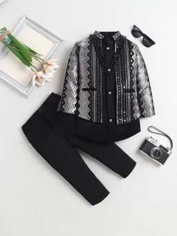 FOURFOLDS - Boys Black Embroidered Sequined Sherwani Pant with Jacket