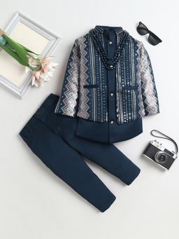 FOURFOLDS - Boys Teal Embroidered Sequined Sherwani Pant with Jacket