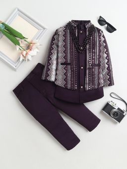 FOURFOLDS - Boys Wine Embroidered Sequined Sherwani Pant with Jacket