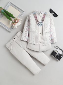 FOURFOLDS - Boys Grey Embroidered Sequined Sherwani Pant with Jacket