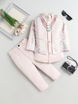 FOURFOLDS - Boys Pink Embroidered Sequined Sherwani Pant with Jacket