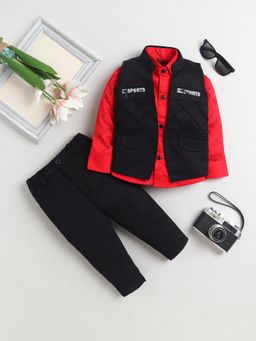 FOURFOLDS - Boys Red Cotton Blend Printed Shirt Jacket and Pant