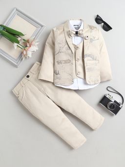 FOURFOLDS - Boys Beige Jacquard Woven Shirt Blazer and Pant with Bow